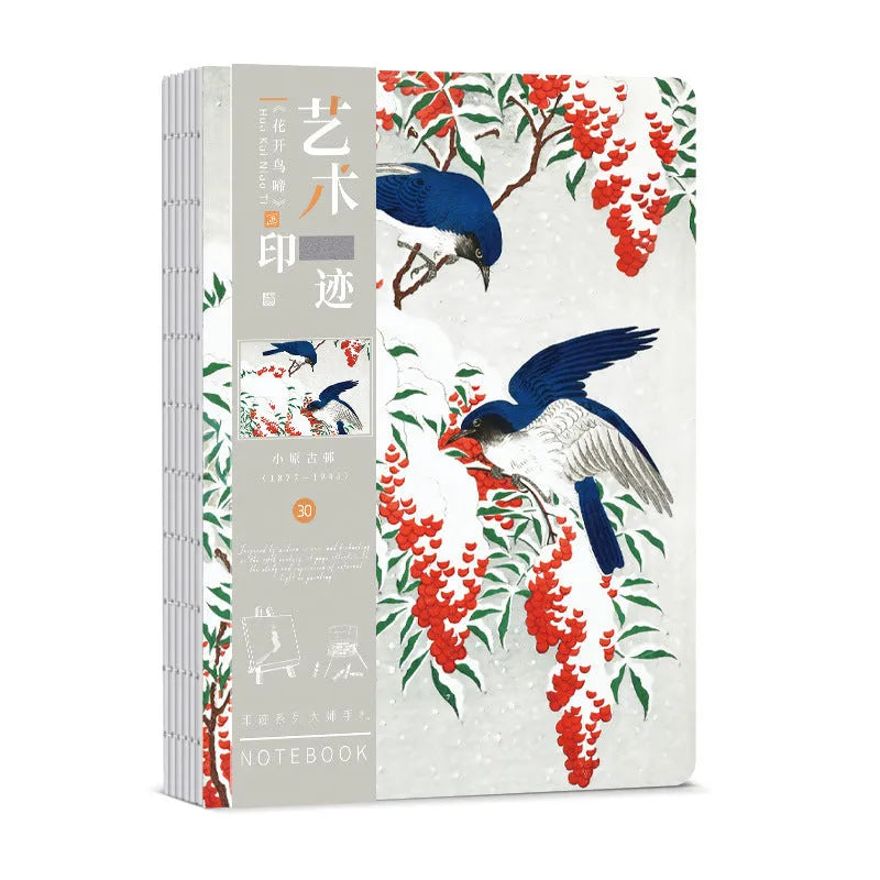 Hardback Ukiyo-e series hand ledger notebook with retro Japanese print cover, open to show 100g paper pages.