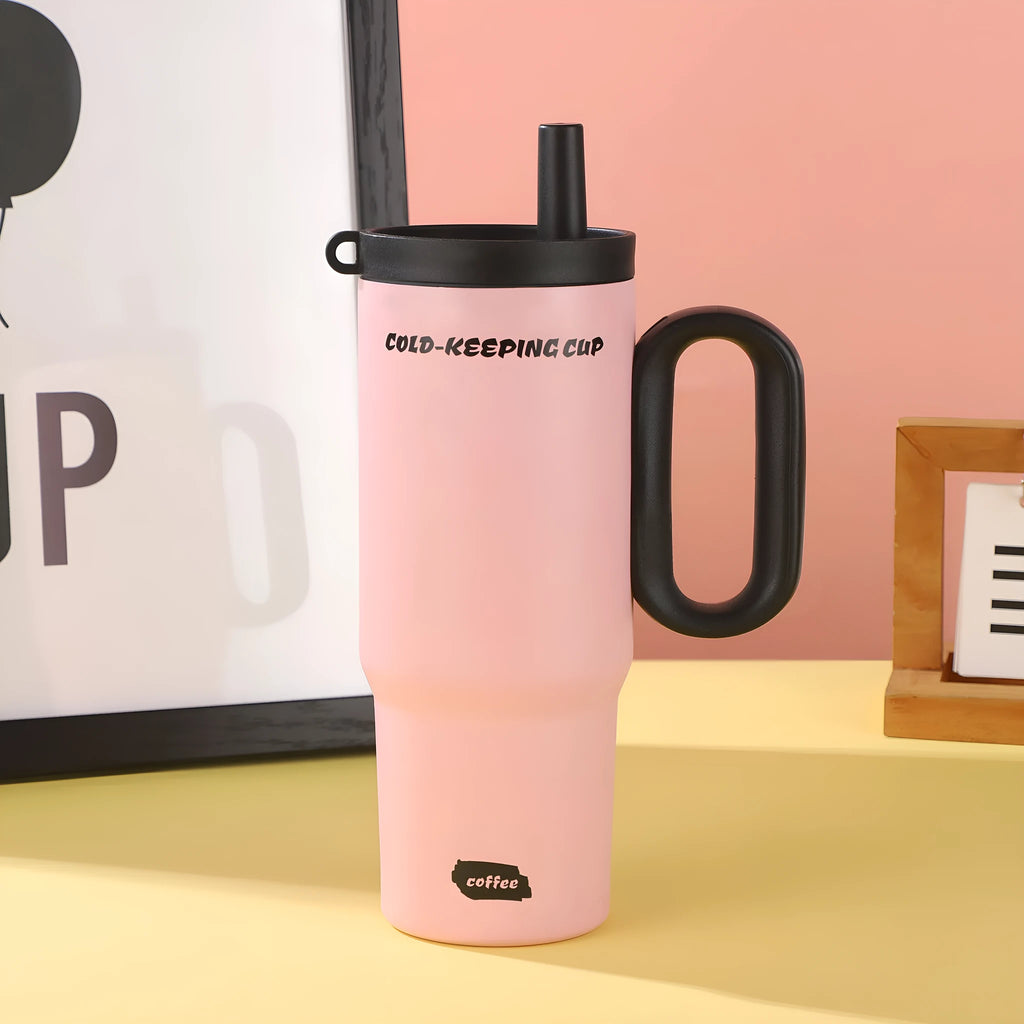 Large insulated straw drinking cup with carrying handle in multiple colour options