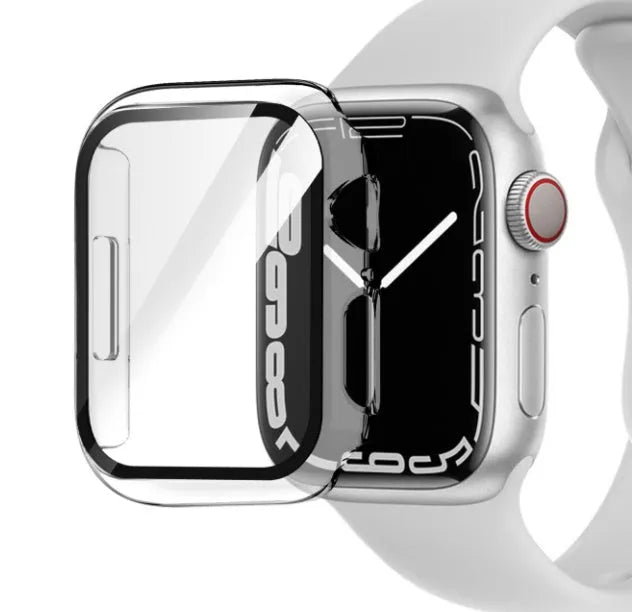 PC tempered film watch case in multiple colours including transparent, leopard print, and carbon fibre patterns for Apple Watch.
