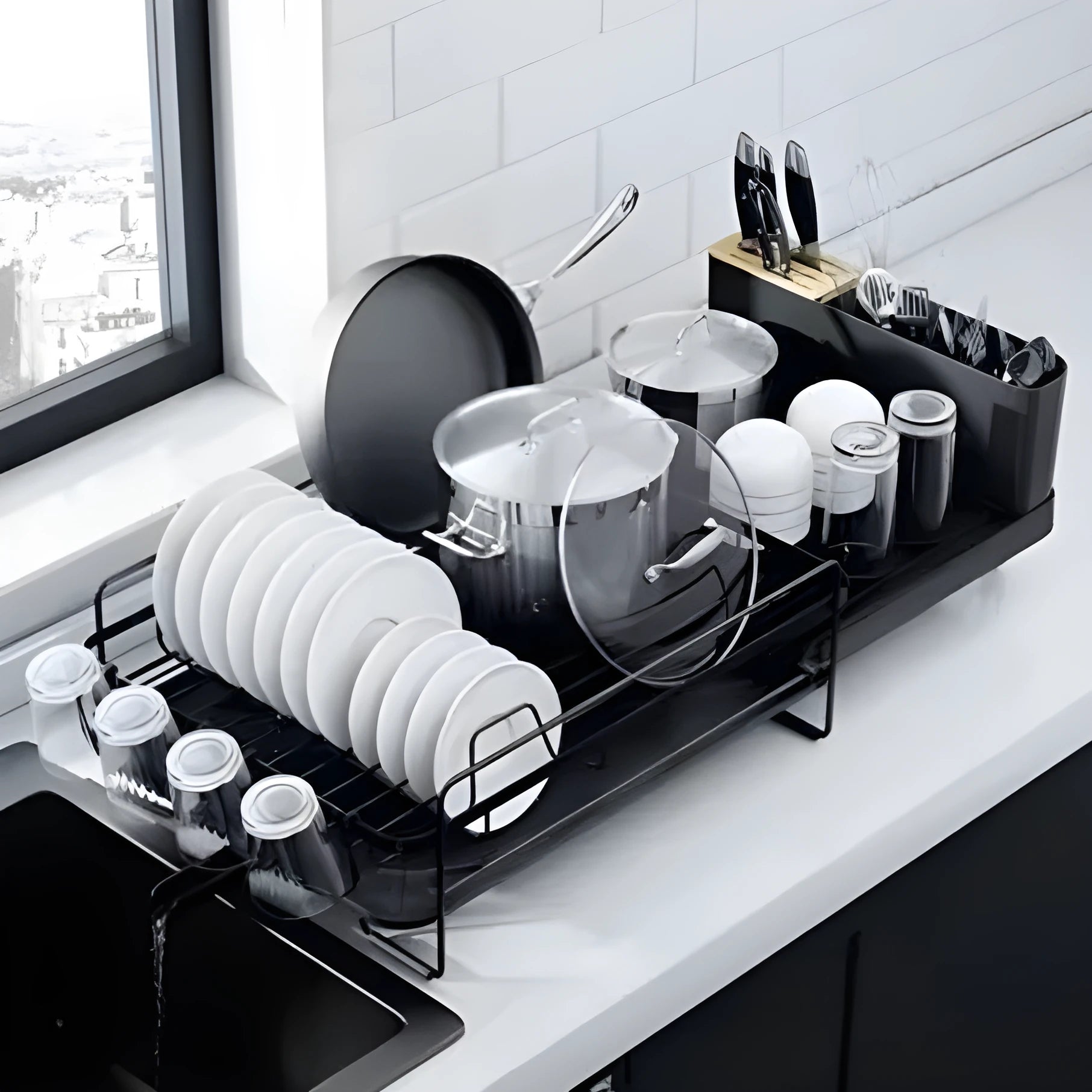 Carbon steel retractable kitchen dish drain rack organising cutlery and cups