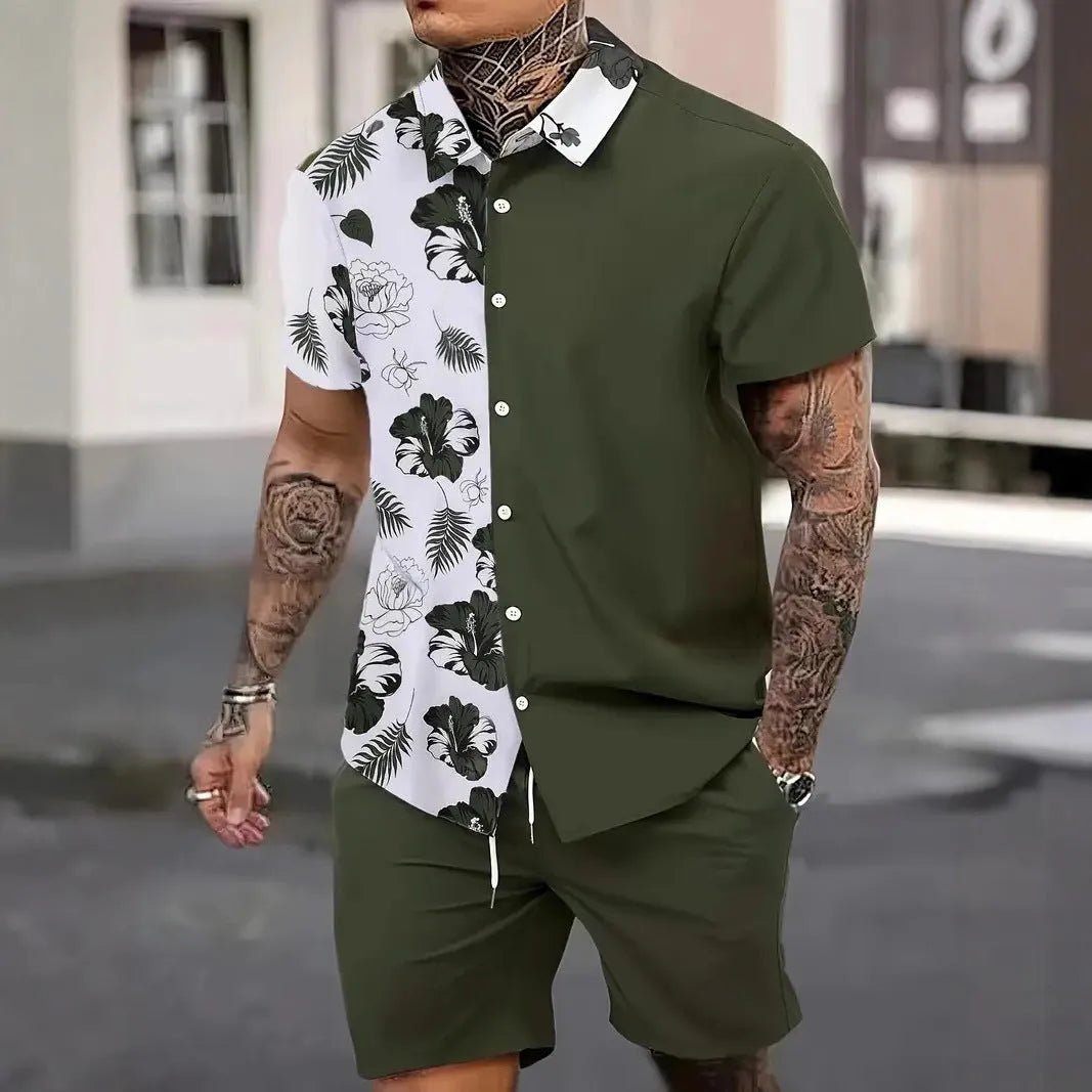 Man wearing a short sleeve Hawaiian print shirt and matching shorts, a casual polyester suit set.