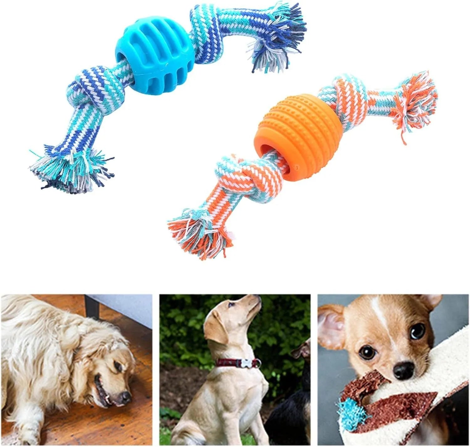Blue dog chew toy with ropes for dental cleaning and interactive play