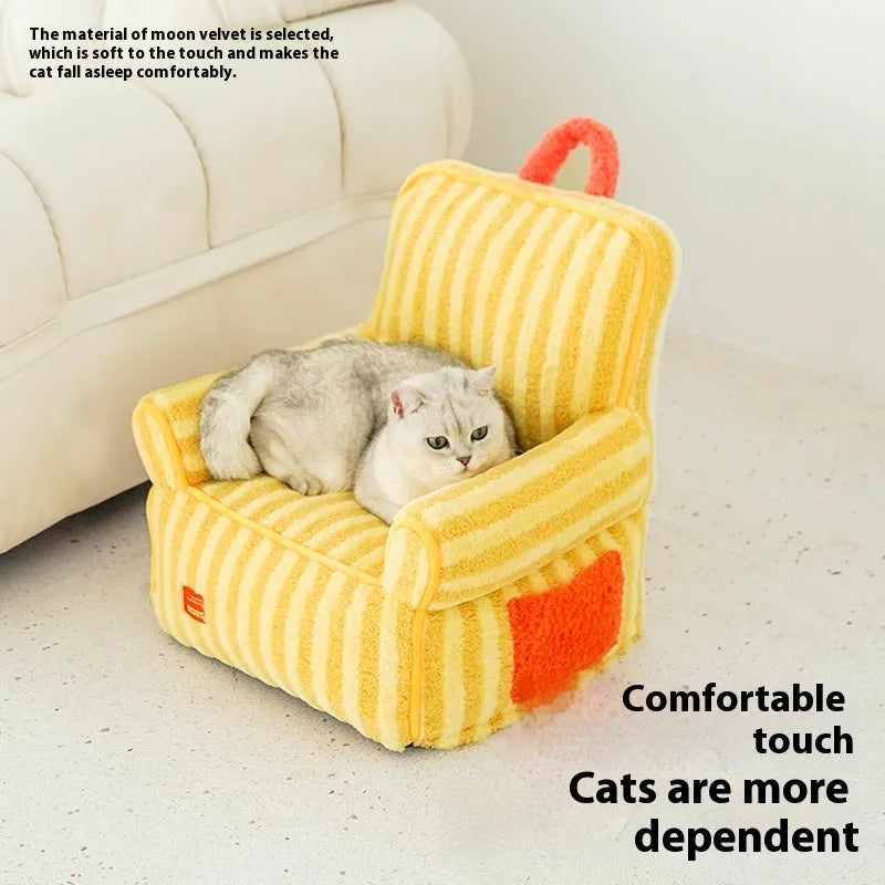 Striped soft velvet dog bed with removable cover in yellow, orange, and purple colour options.