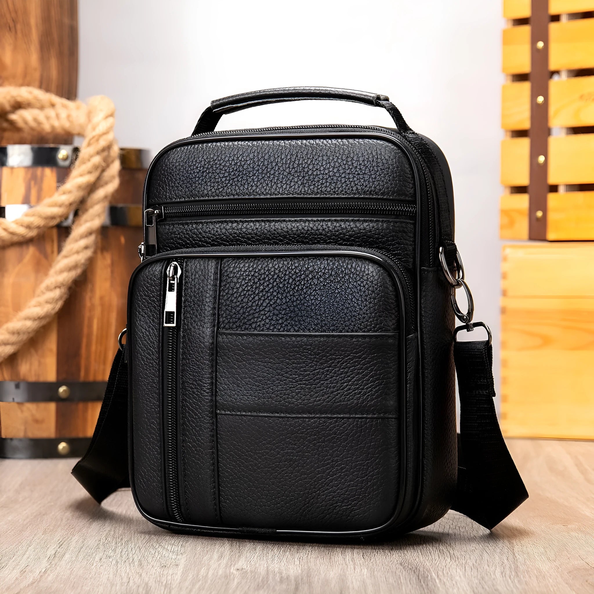 Men's black genuine leather vintage shoulder bag with a soft handle, shown closed.