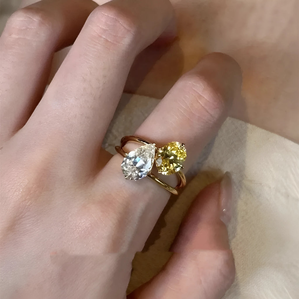 Women's copper geometric open ring with water drop double sheng stone decoration