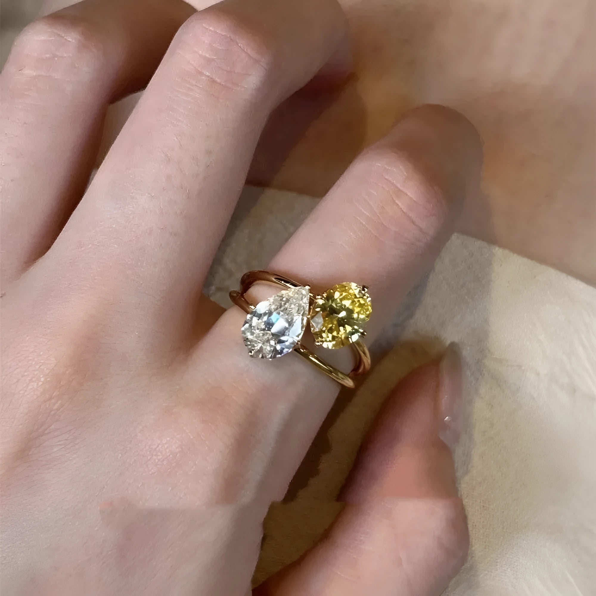 Women's copper geometric open ring with water drop double sheng stone decoration