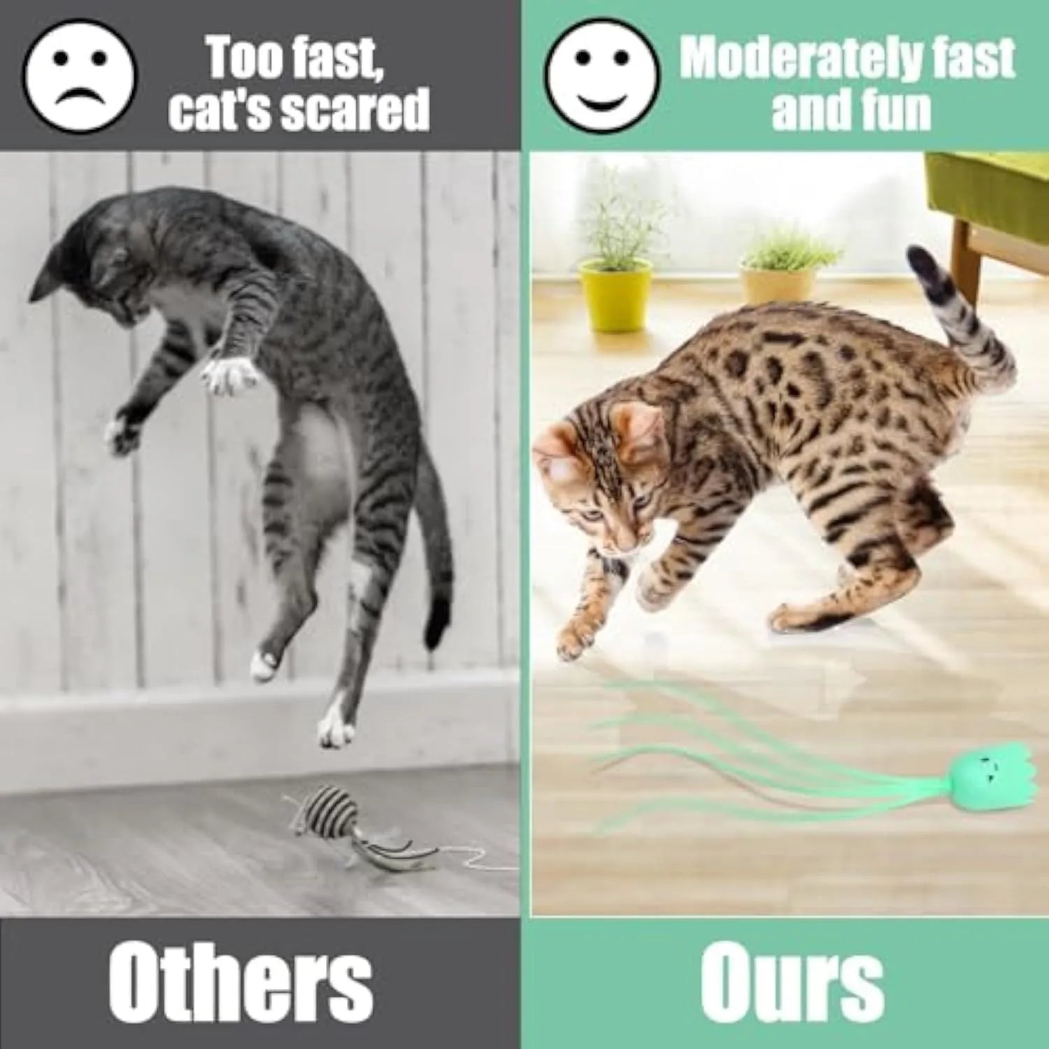 Green electronic cat toy with swinging silicone tail on floor for indoor cat play