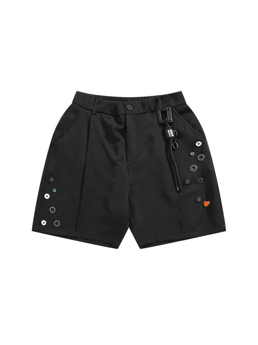 Black men's loose semi-elastic shorts with a colour button and zip fly, straight-leg above-the-knee length.