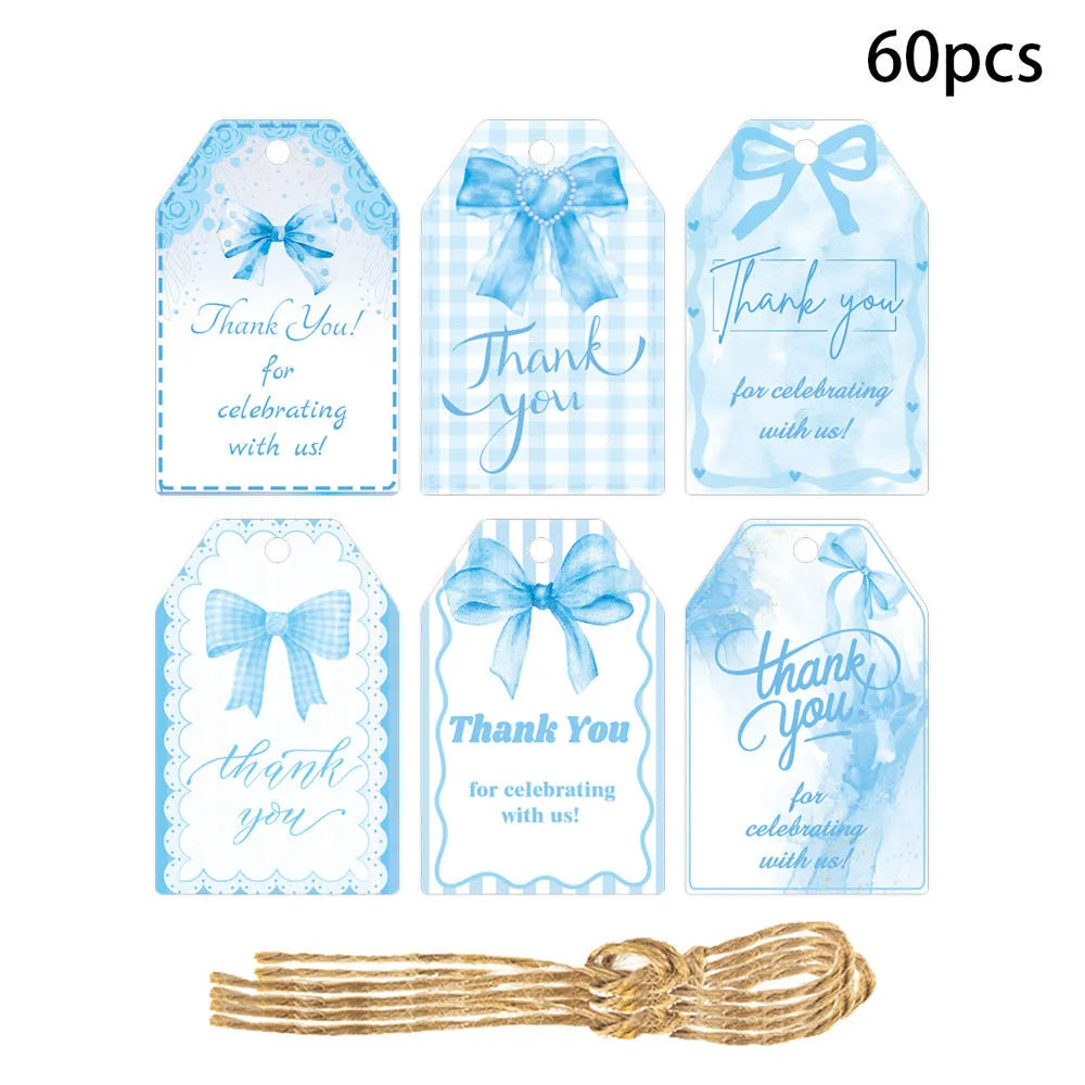 60 birthday party gift tags with bowknot designs in three styles including hemp rope
