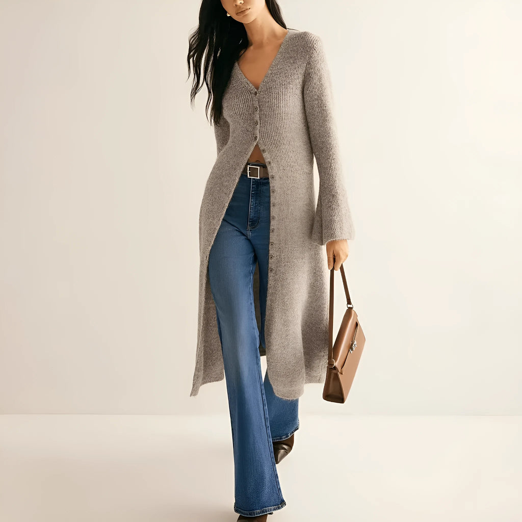 Khaki coloured women's long sleeve button-front cardigan coat in a French retro style.