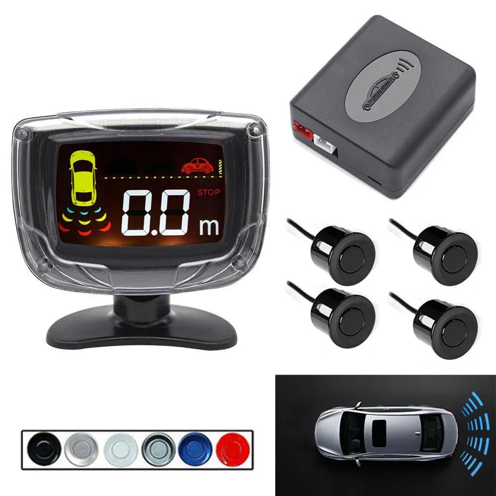 Black wireless reversing sensor kit for cars with digital display unit and four round probes