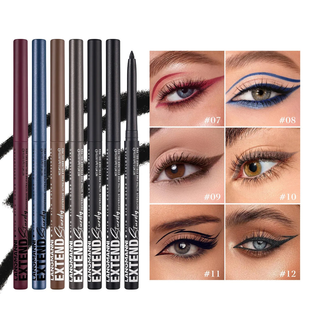 Set of 12 colourful gel glitter eyeliner pencils showing matte, glitter, metallic and pearl shades.