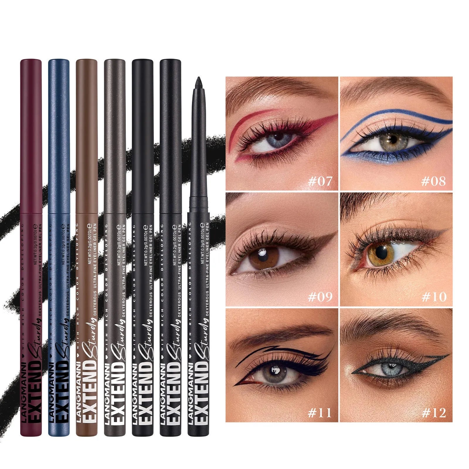 Set of 12 colourful gel glitter eyeliner pencils showing matte, glitter, metallic and pearl shades.