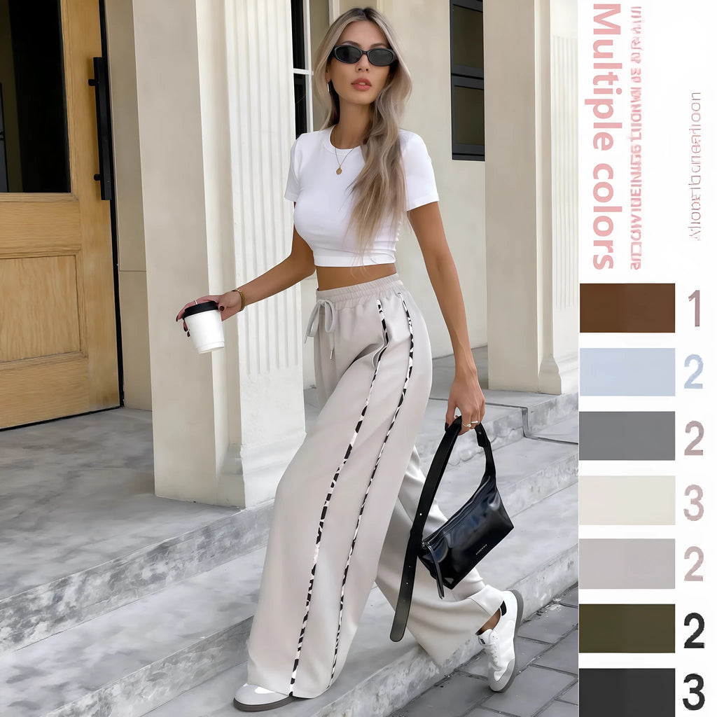 Lace-up drawstring high waist casual trousers in polyester fabric available in seven colours