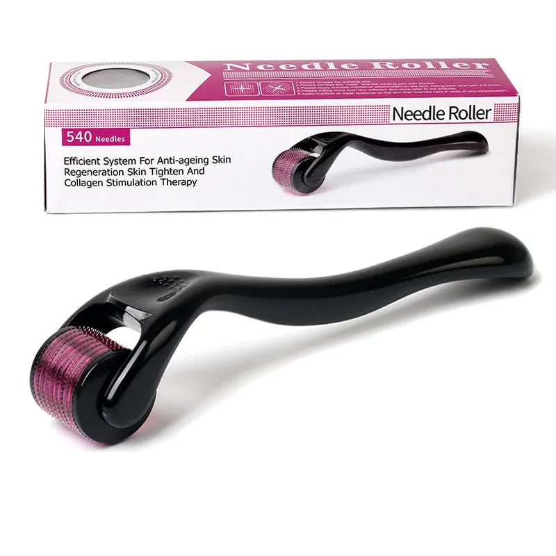 Black and purple derma roller with 540 titanium microneedles for face, beard, and scalp care.