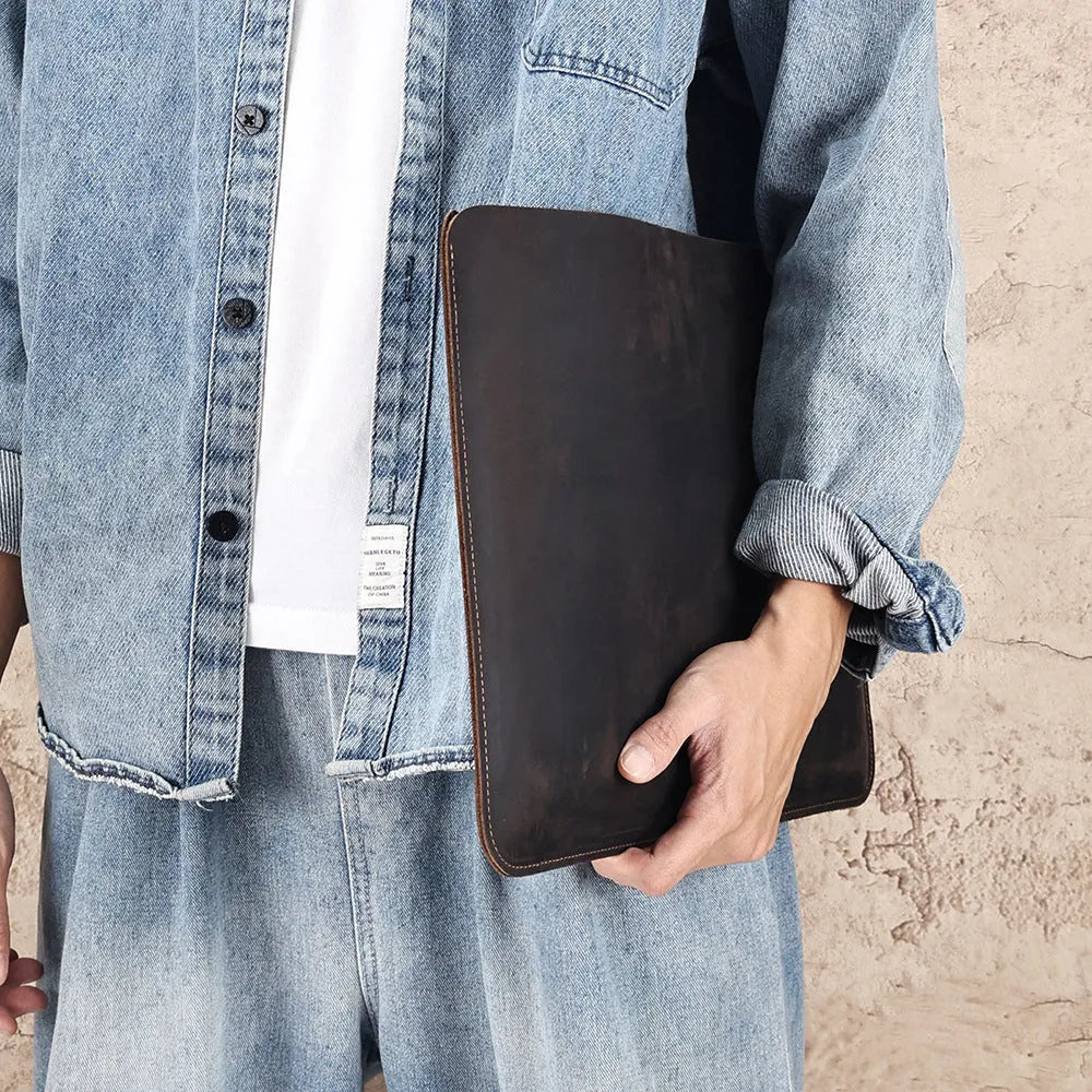 Crazy Horse leather horizontal computer liner bag in genuine cowhide with wear-resistant construction