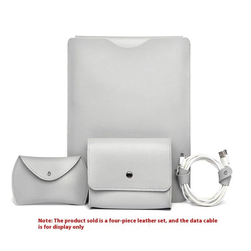 Set of four brown imitation leather lock edge protective sleeves for laptops and tablets.