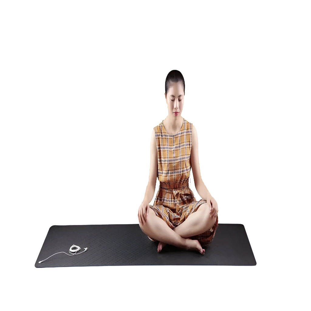 Blue conductive grounding yoga mat with plant pattern and grounding wire, size 182x61cm.