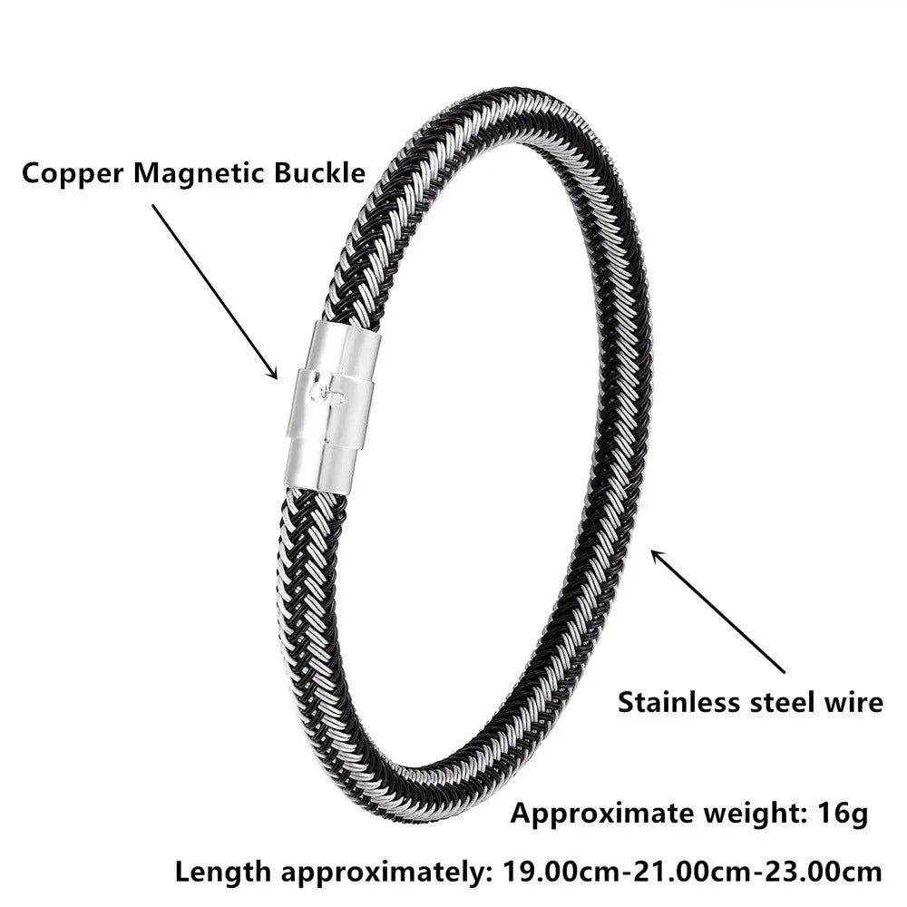 Geometric titanium steel bracelet with magnetic clasp shown in silver tone.