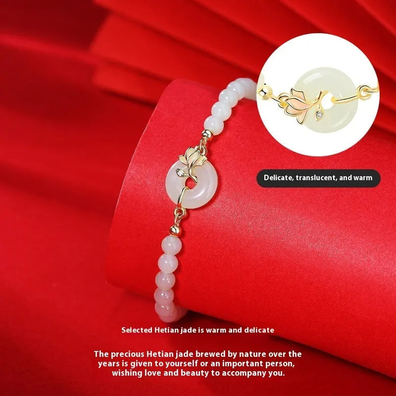 S925 sterling silver orchid magnolia bead bracelet with Hetian jade beads, Chinese style