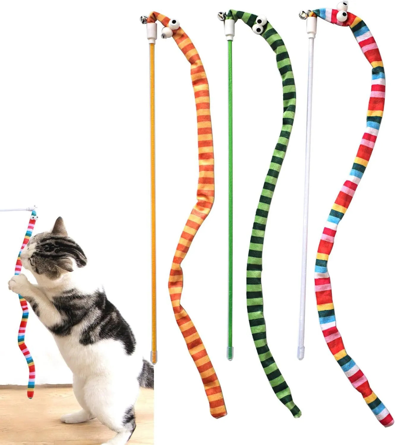 Green cat wand toy with long plush strip on a polycarbonate pole