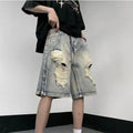 Blue wide-leg retro denim shorts on a neutral background