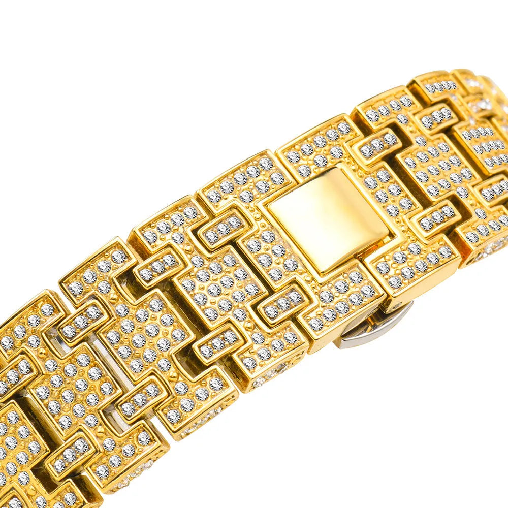 Full diamond three-eye chronograph quartz men's watch with 45mm gold alloy strap