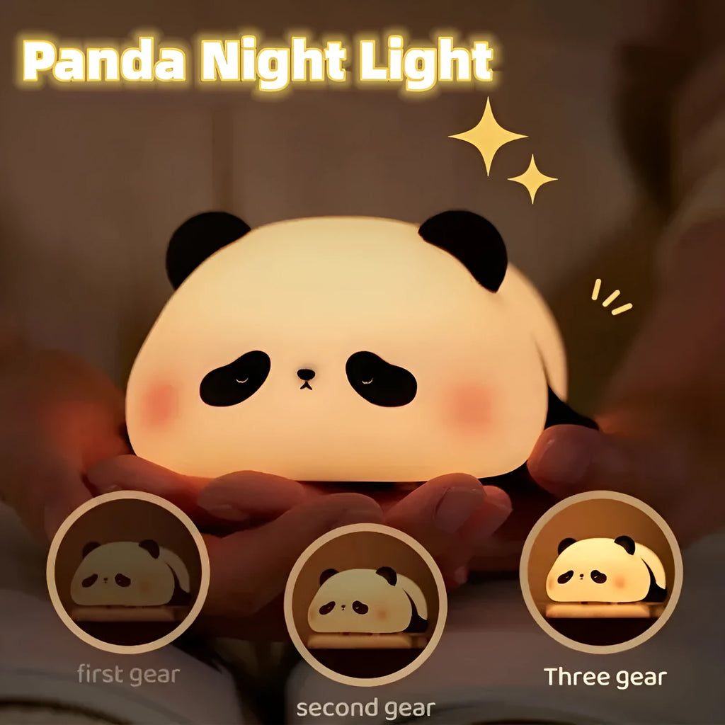 Cartoon panda-shaped night light with soft silicone construction and warm white LED glow
