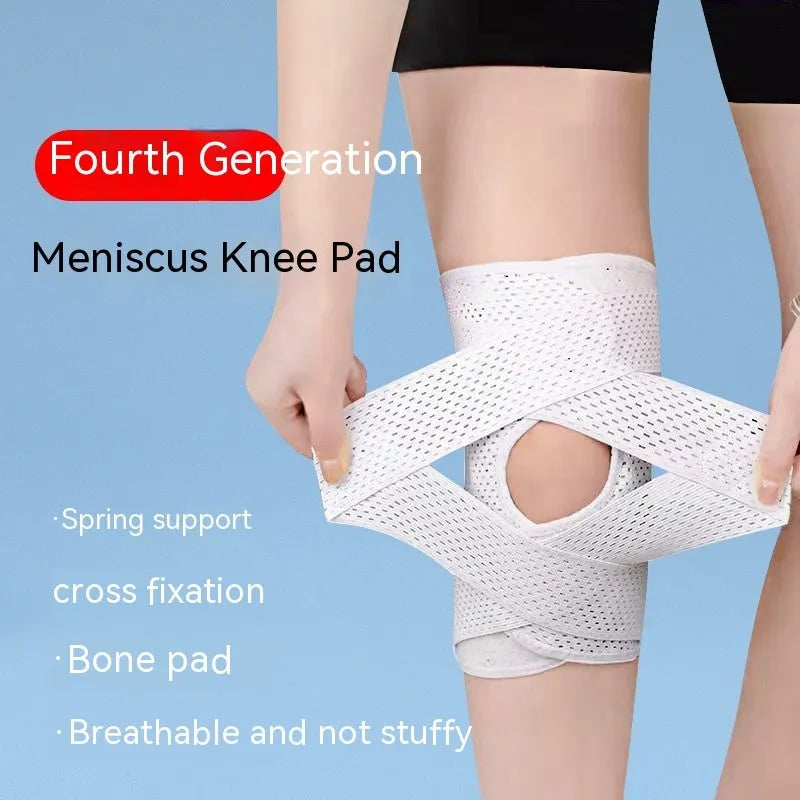 Black mesh knee protective sleeve for meniscus and patellar injury recovery shown on adult leg