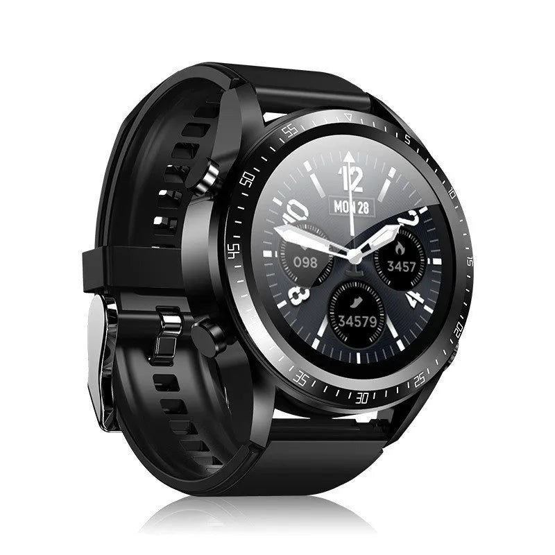 Black smart watch with silicone strap displaying blood pressure and oxygen data on a 1.28-inch screen.