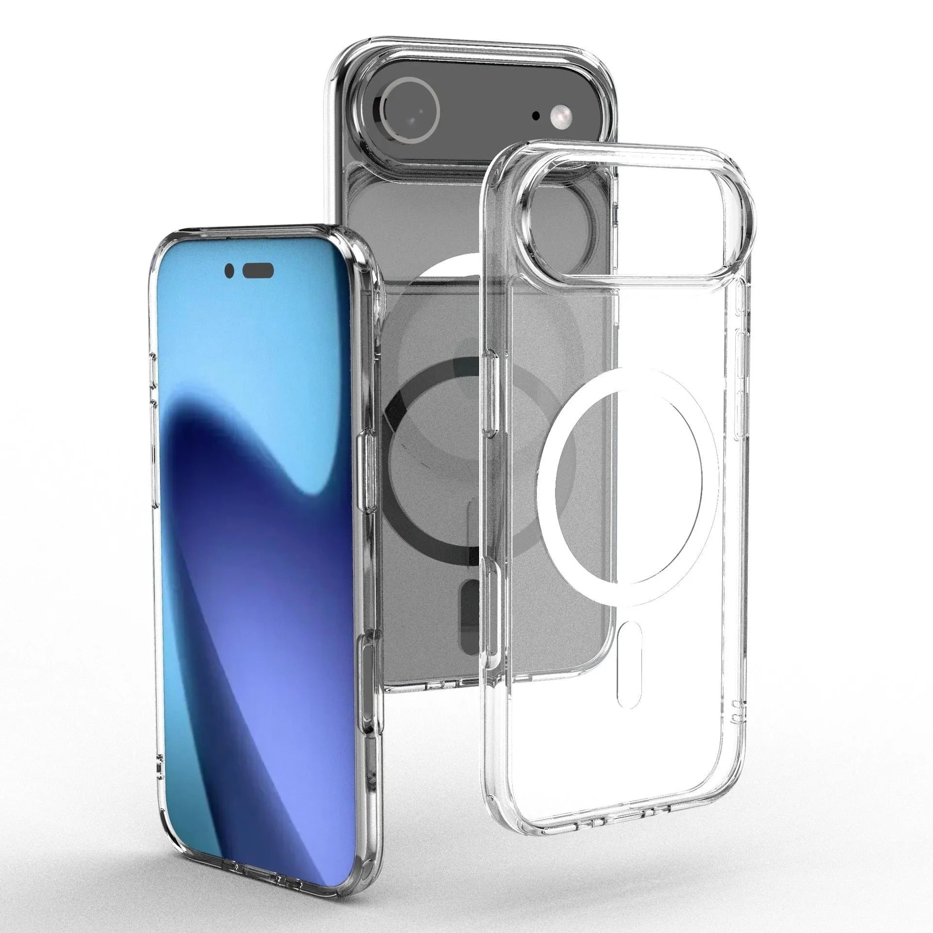 Transparent magnetic protective case for iPhone 17 models on a white background.