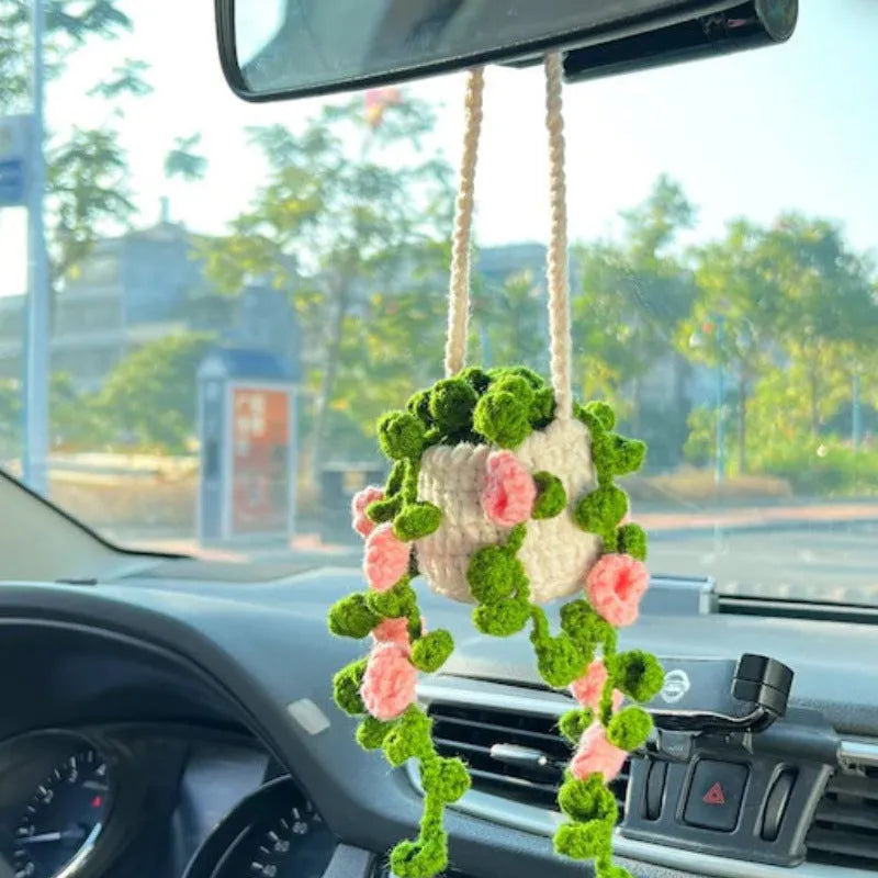 Green and white knitted wool car plant decoration with 25cm hanging rope