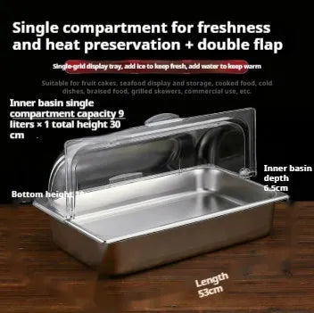 Stainless steel commercial dining plate display box with a removable lid and multiple inner compartments.