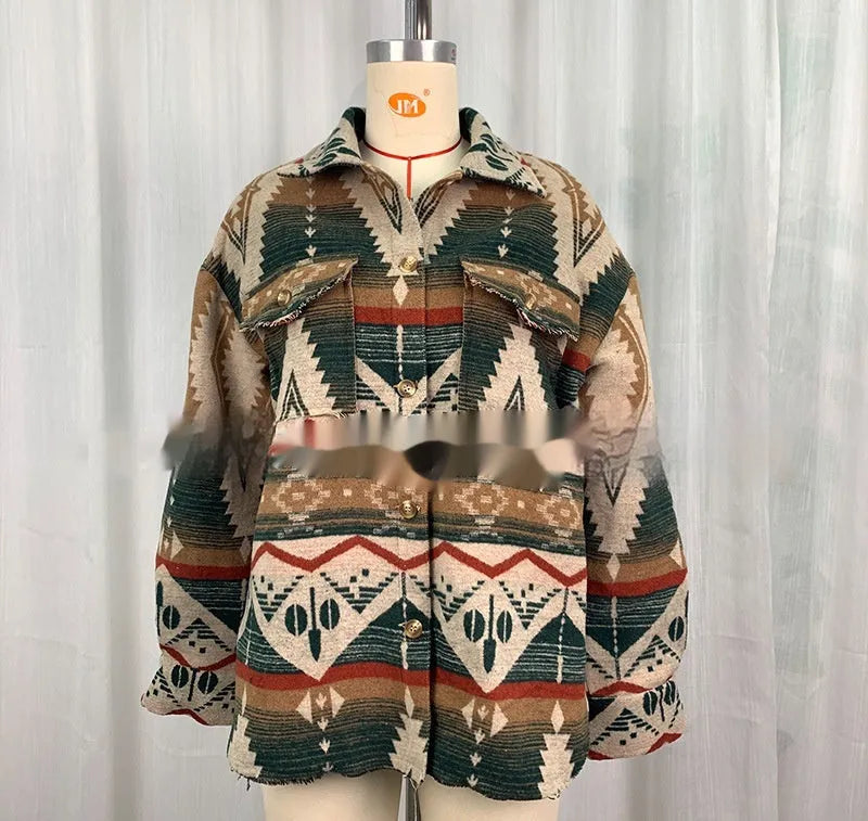 Women's loose-fit retro jacket with Aztec print in wool-blend fabric, shown in army green.