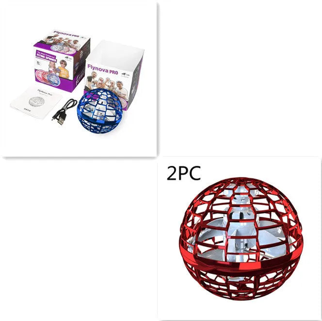 Blue spinning flying ball toy with LED lights hovering above a child's hand next to a magic wand.