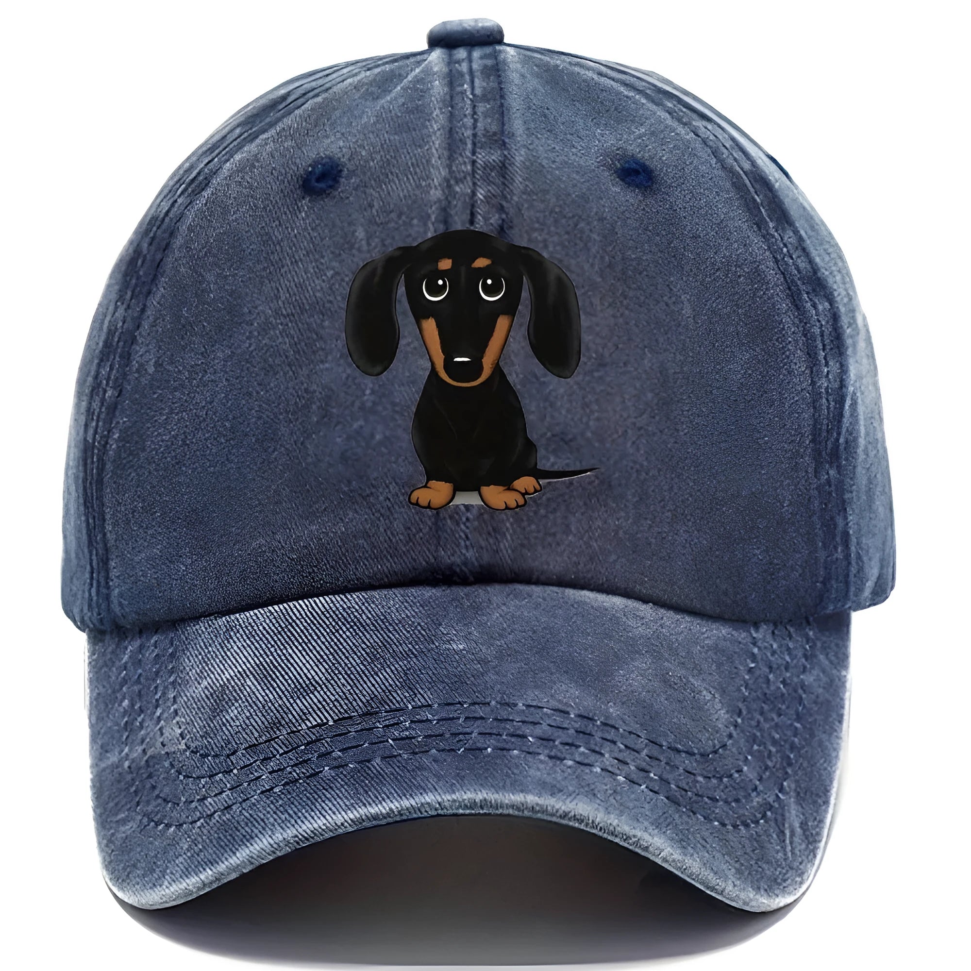 Retro washed cotton baseball cap with a Dachshund print on the front, featuring a peaked dome crown.