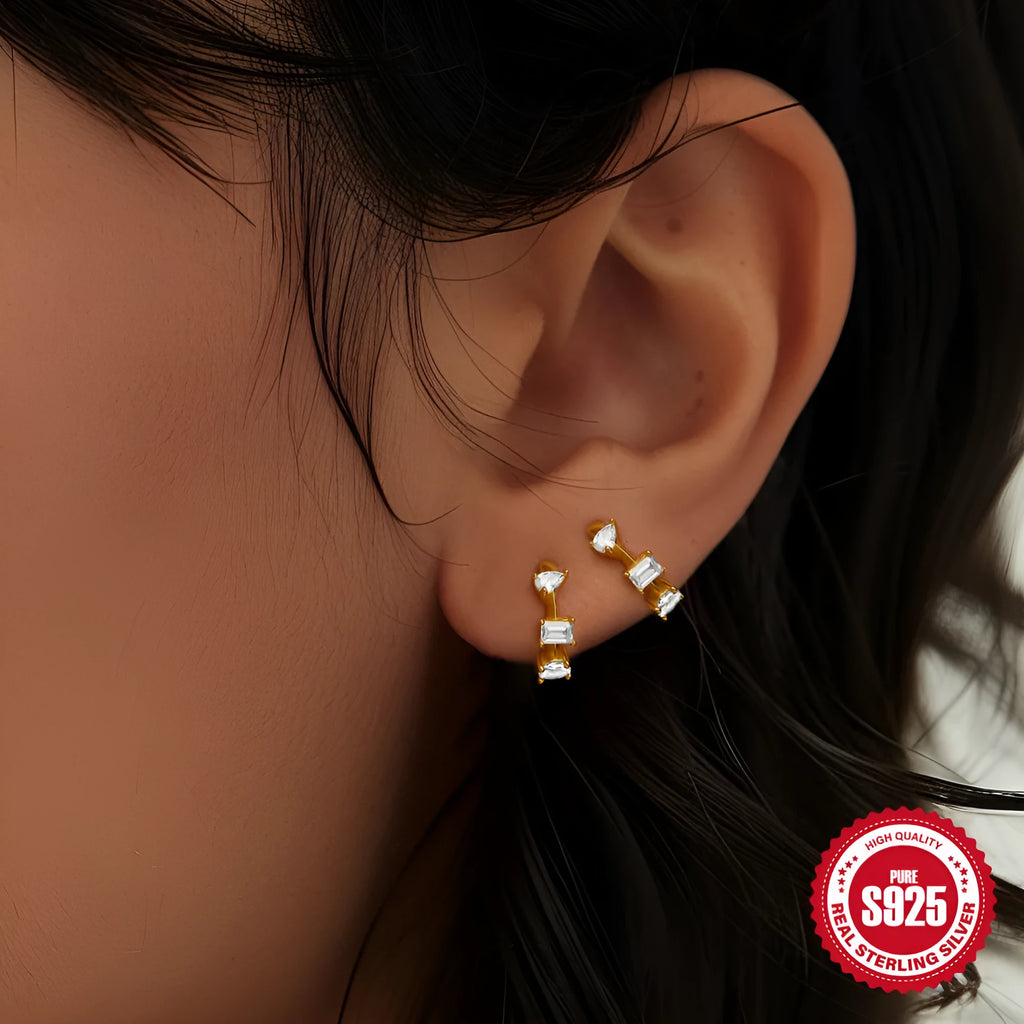 Sterling silver geometric stud earrings with small round designs in gold or silver electroplated finishes