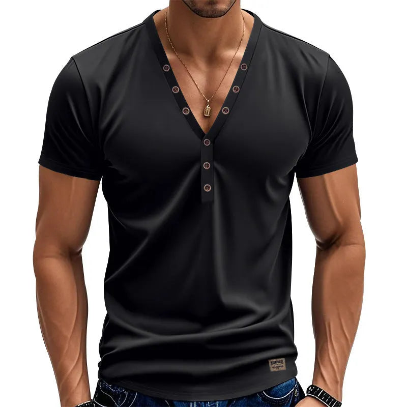 Men's loose V-neck pullover top with button detail in solid colour options