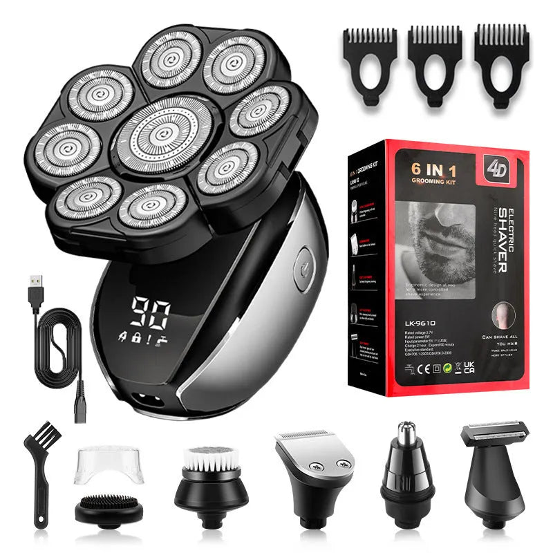 Black 6-in-1 multifunctional hair clippers kit with multiple attachments including trimmer, shaver, and grooming tools