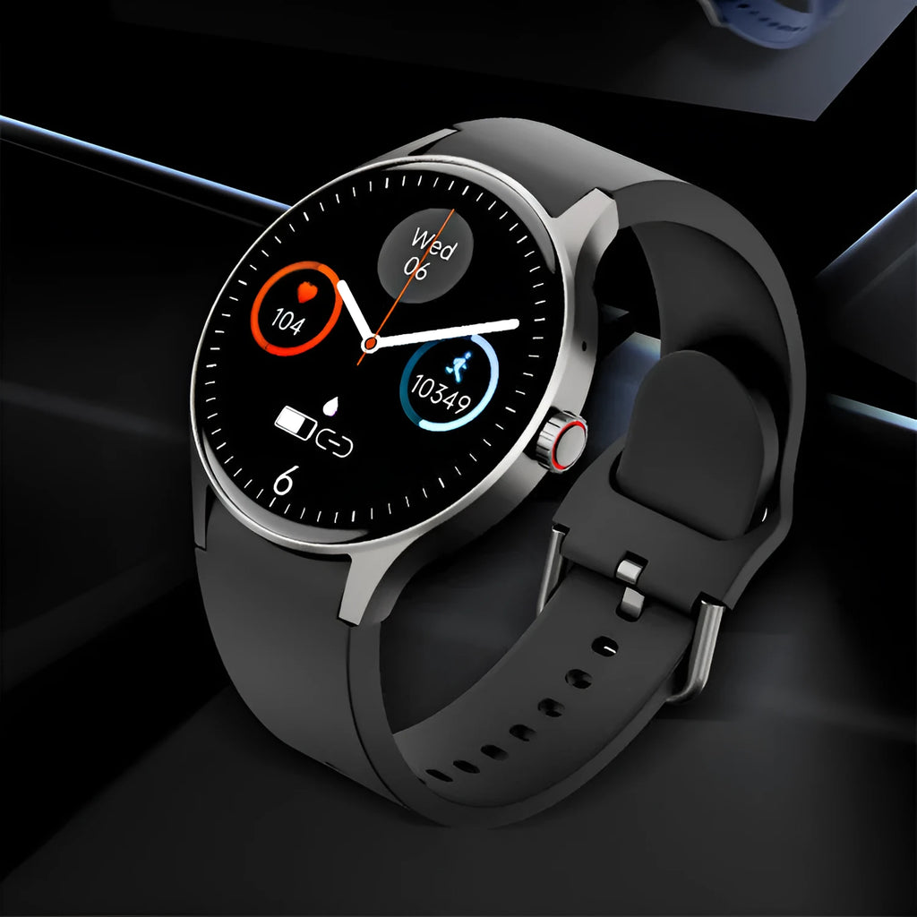 Round smartwatch with colour touchscreen display showing fitness metrics on wrist