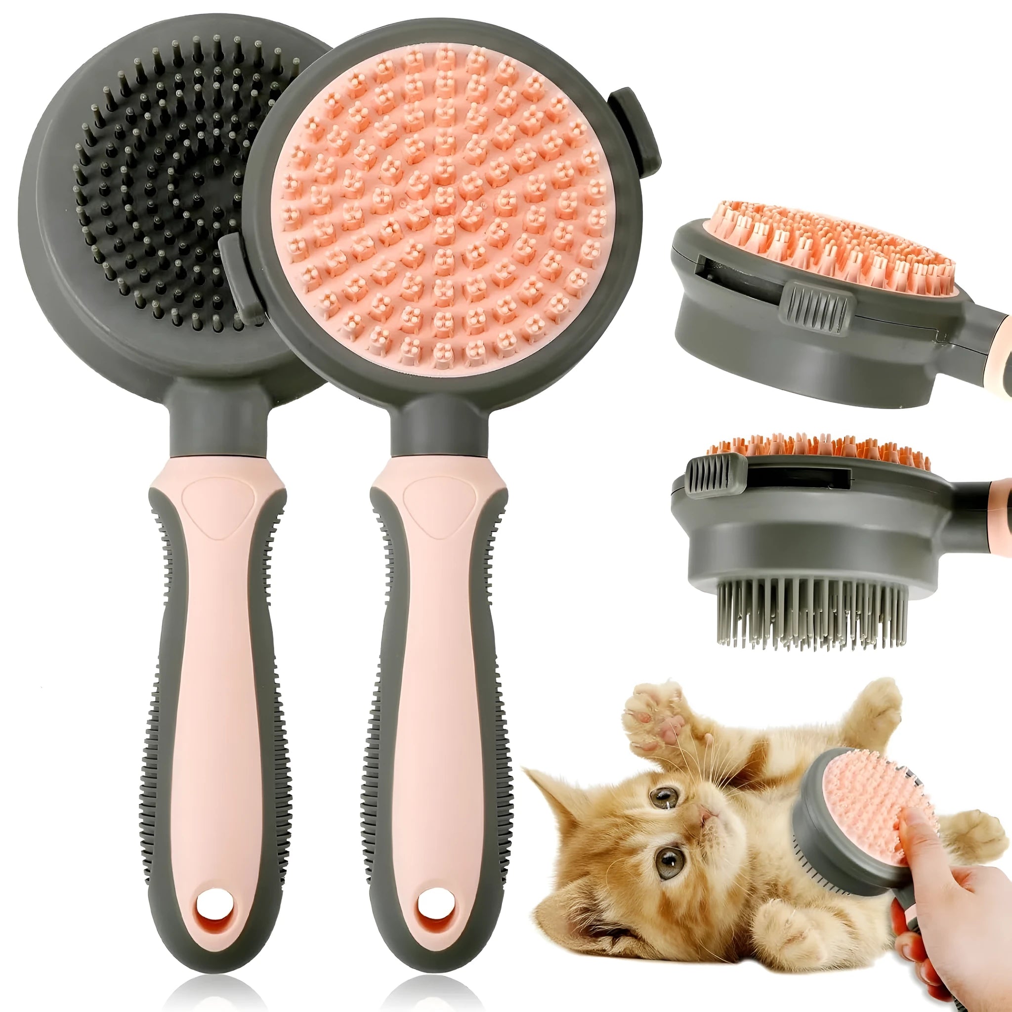 Double-sided cat brush with release button and flea comb in green and pink colour options