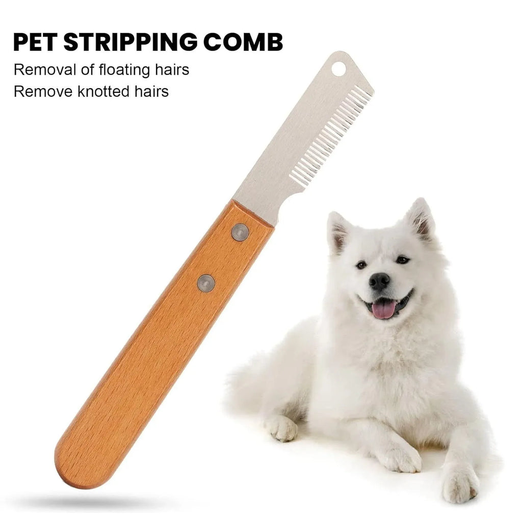 Pet stripping comb with wood handle and metal fittings for dog and cat grooming