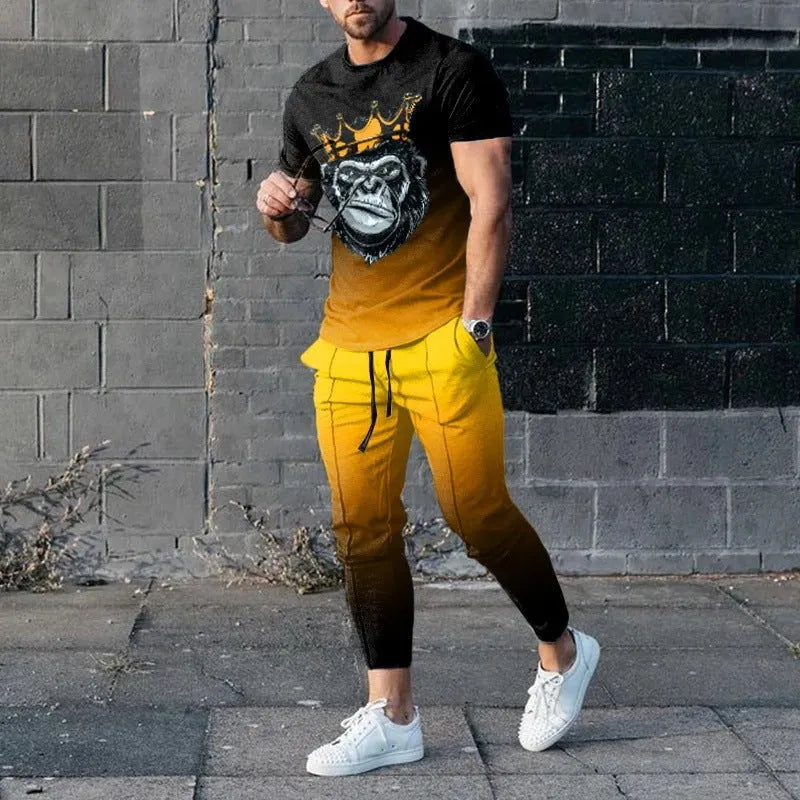 Men's short sleeve printed pullover and trousers set in thin polyester blend fabric for sports and casual wear