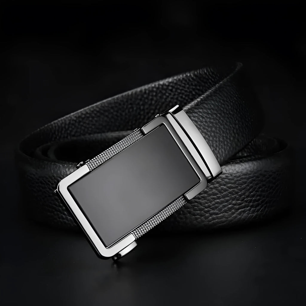 Men's leather belt with automatic buckle in gun black, silver, and gold colours