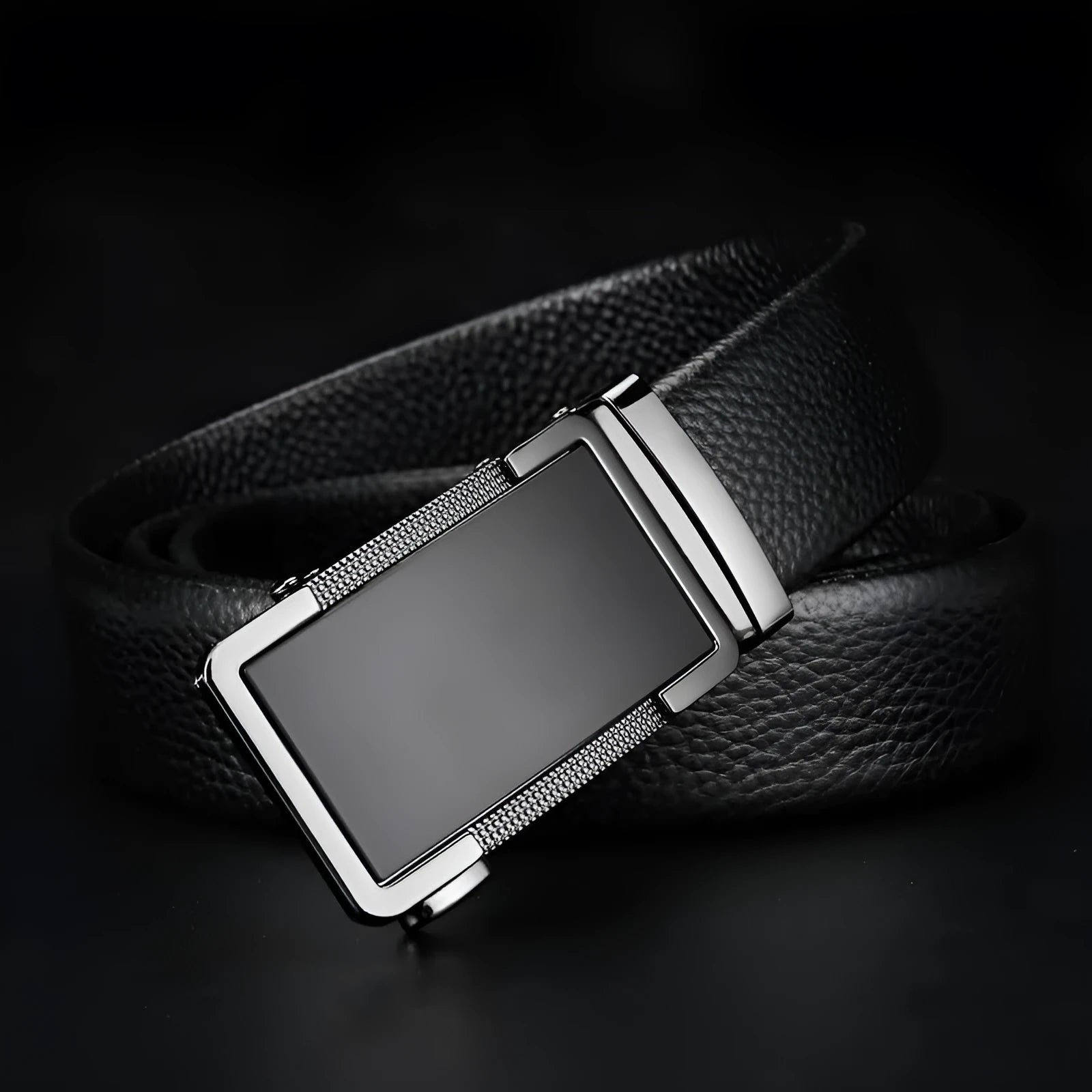 Men's leather belt with automatic buckle in gun black, silver, and gold colours