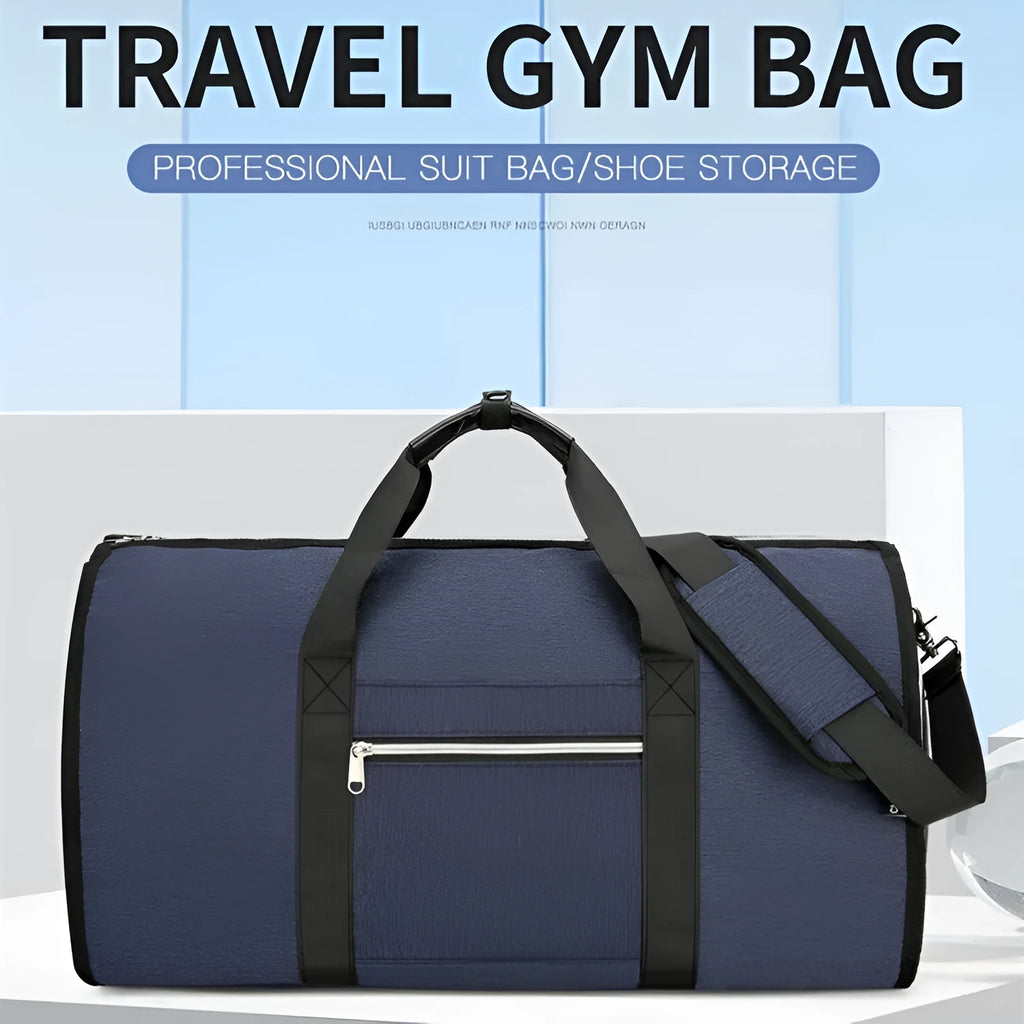 Grey expandable Oxford cloth sports and travel bag with compartments.