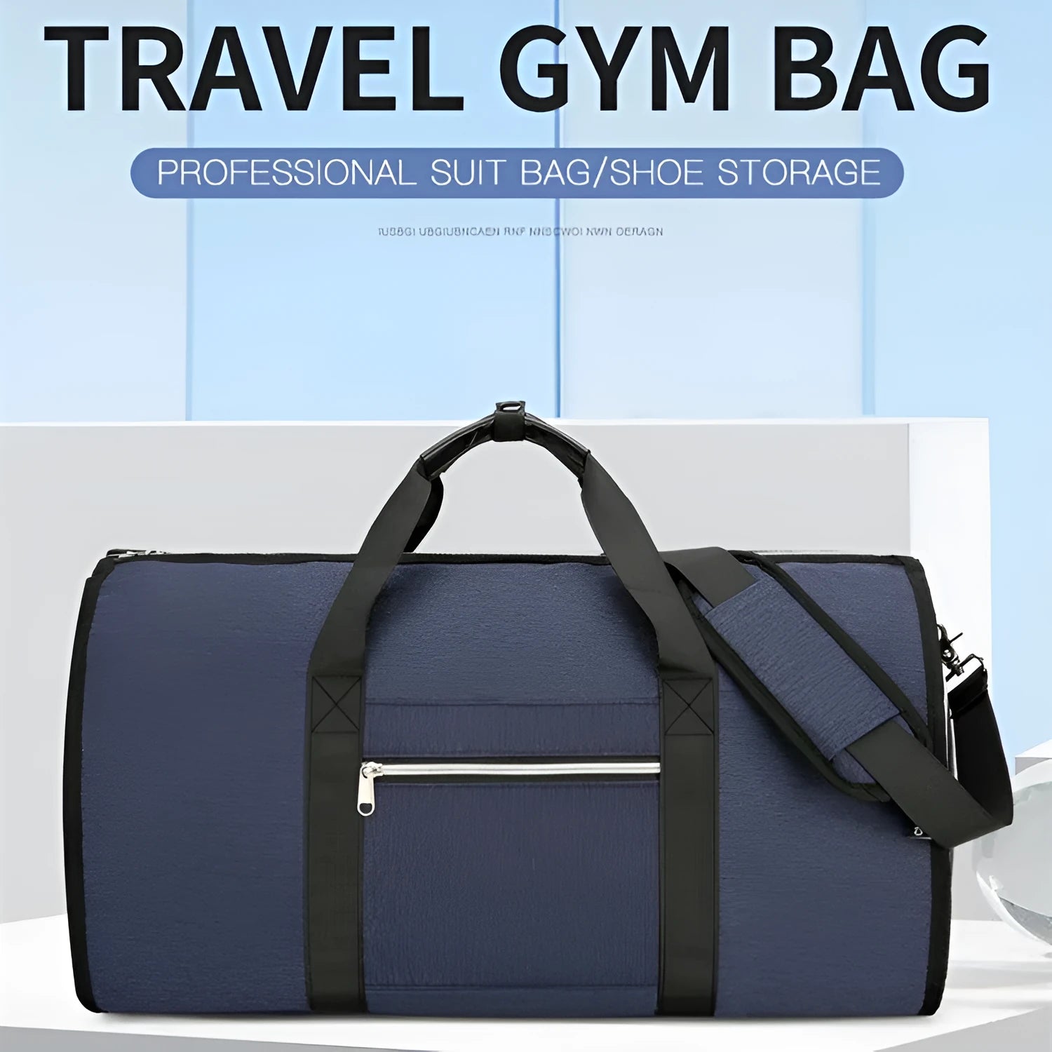 Grey expandable Oxford cloth sports and travel bag with compartments.