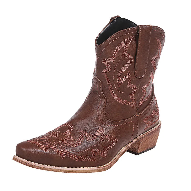 Women's blue embroidered Western cowgirl boots with a low wedge heel and pointed toe.