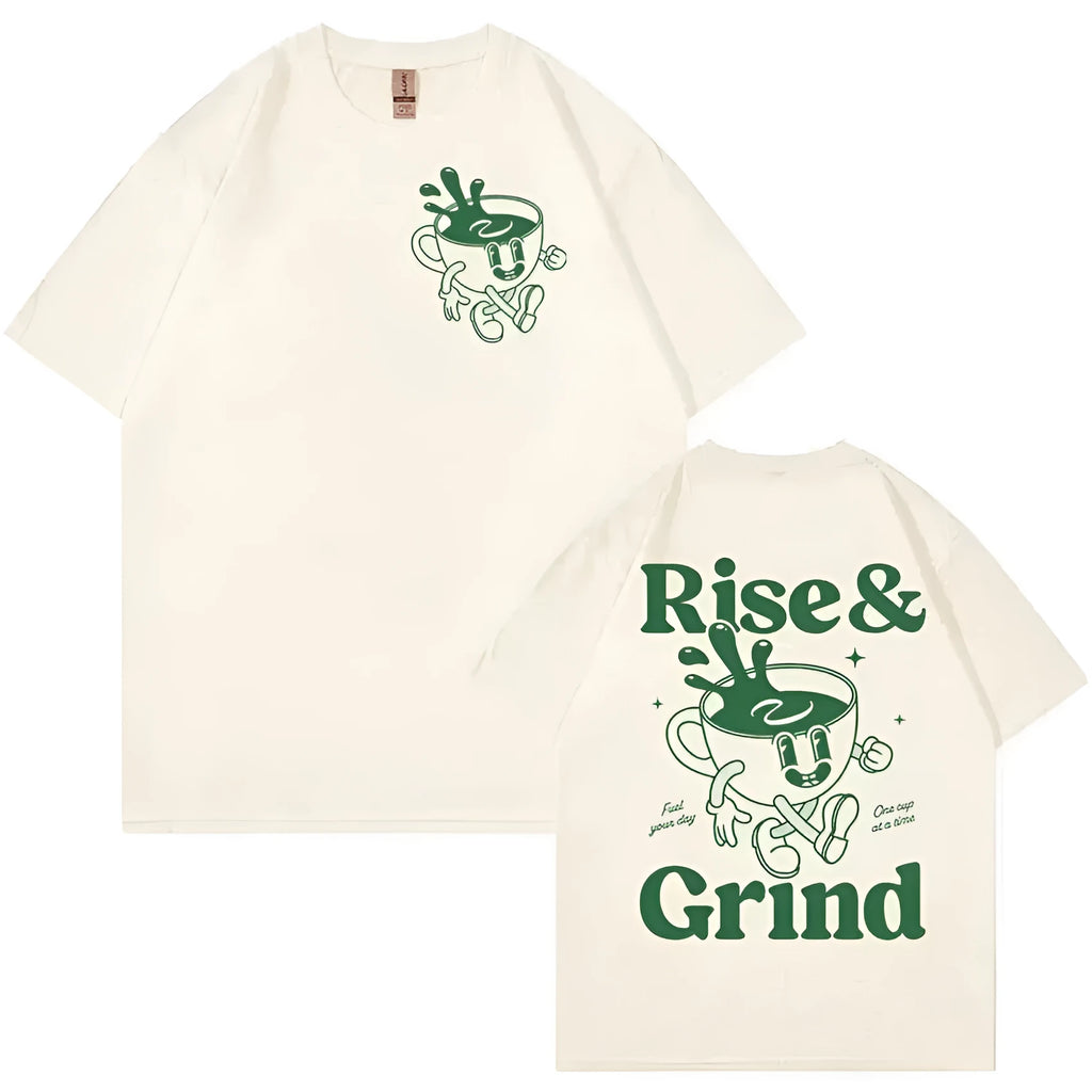 Loose fit black linen t-shirt with green Rise And Grind coffee cartoon print on chest.