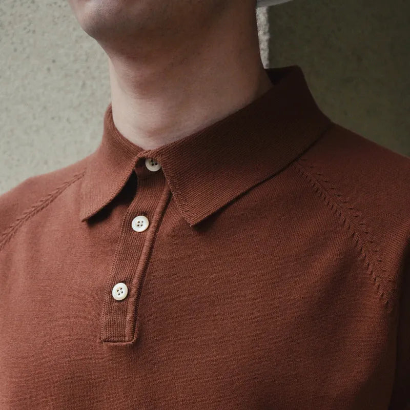 Retro slim fit knitted cotton short-sleeved T-shirt in earth-tone colours